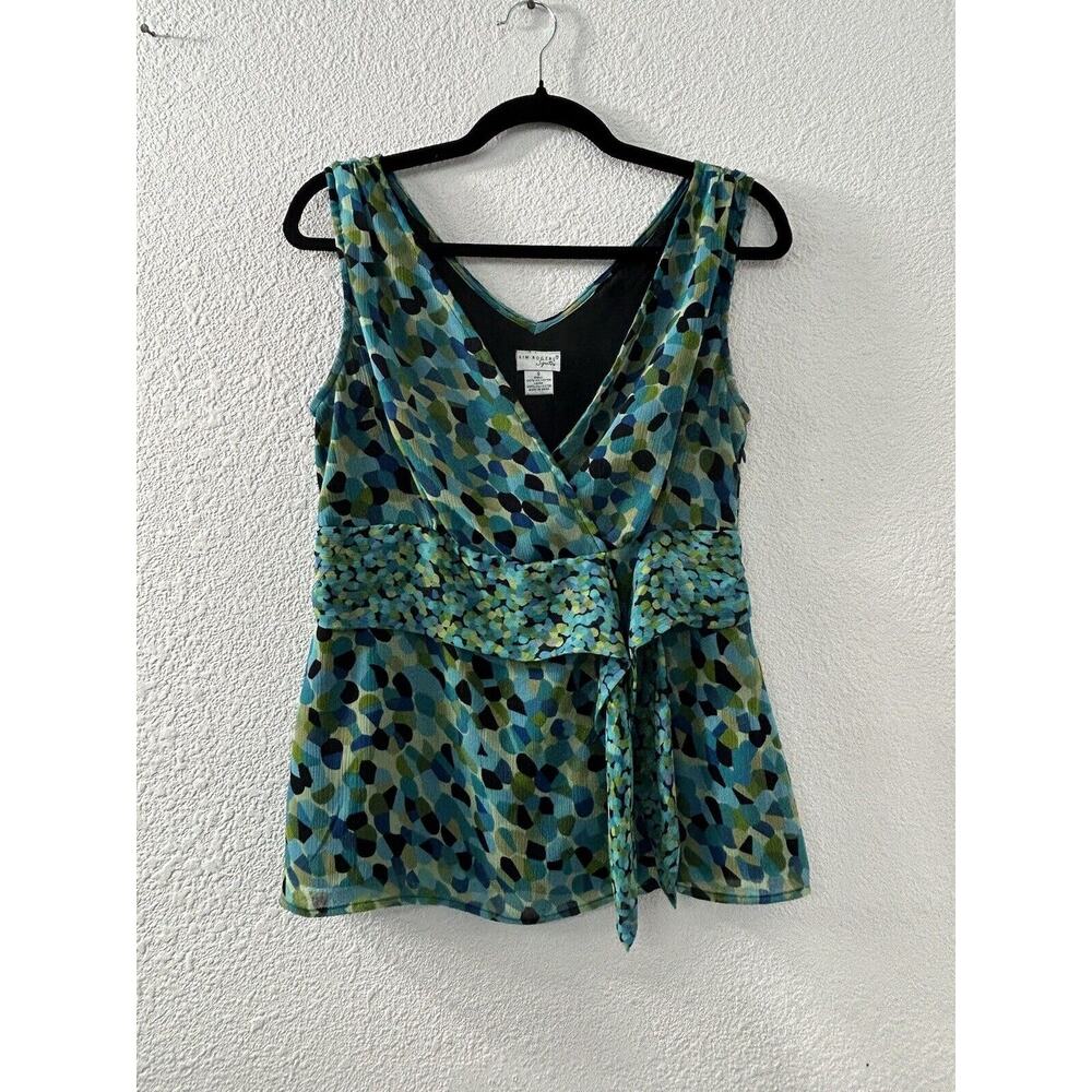 Kim Rogers Green Teal Womens Babydoll V-neck Tank Blouse Size S Side Tie Lined